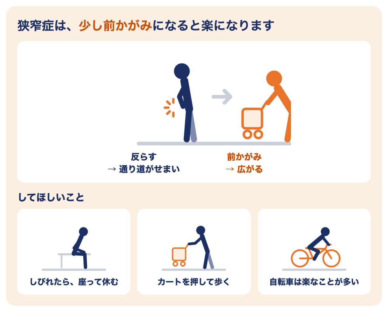 腰部脊柱管狭窄症：反らすと神経の通り道がせまくなり、前かがみで広がって楽になる。座って休む・カートを押して歩く・自転車