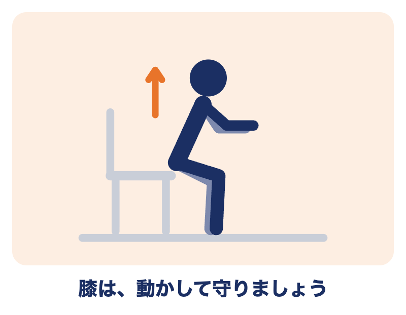 変形性膝関節症では、いすからの立ち座りなどで、膝を動かして守る