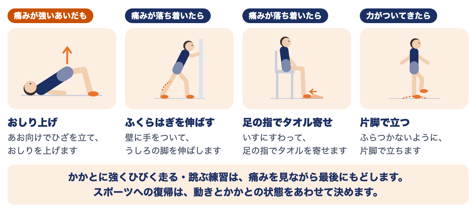 シーバー病の運動療法（時期別）：痛みが強いあいだはおしり上げ、痛みが落ち着いたらふくらはぎを伸ばす・足の指でタオル寄せ、力がついてきたら片脚で立つ