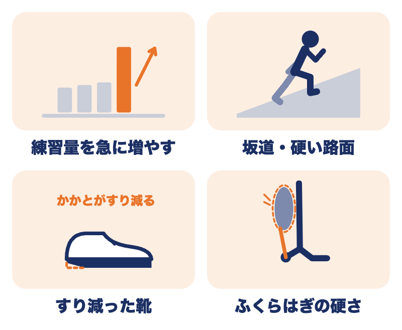 アキレス腱損傷のよくあるご質問：練習量を急に増やす、坂道・硬い路面、すり減った靴、ふくらはぎの硬さに気をつけます