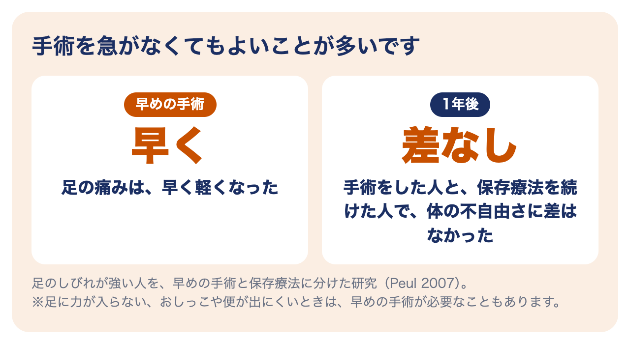 腰椎椎間板ヘルニアの手術と保存療法の比較：早めの手術は足の痛みが早く軽くなったが、1年後は差がなかった（Peul 2007）