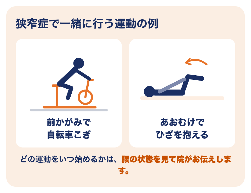 腰部脊柱管狭窄症の運動療法の例：前かがみで自転車こぎ、あおむけでひざを抱える運動