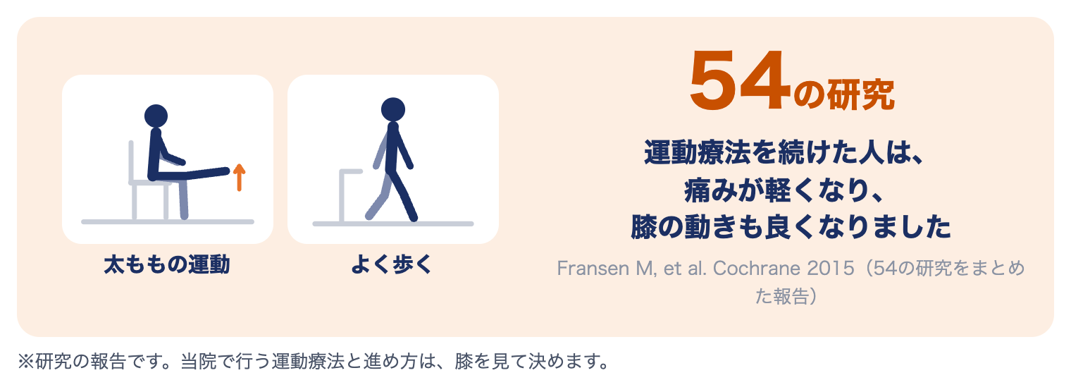 54の研究をまとめた報告で、運動療法を続けた人は痛みが軽くなり、膝の動きも良くなった（研究の報告）