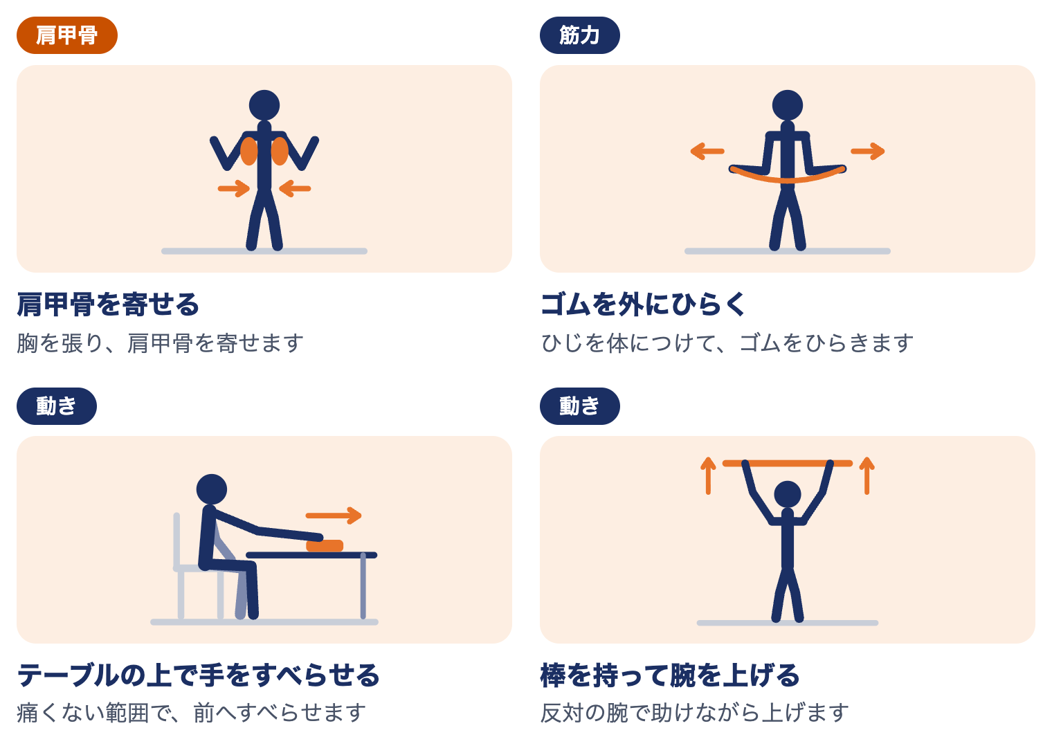 腱板損傷の運動療法：肩甲骨を寄せる、ゴムを外にひらく、テーブルの上で手をすべらせる、棒を持って腕を上げる