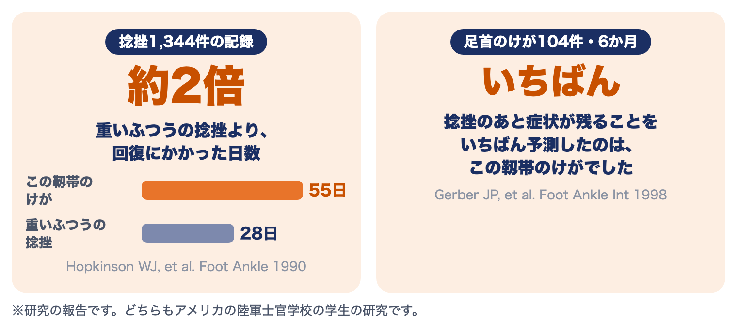 前脛腓靱帯損傷の研究：重いふつうの捻挫より回復に約2倍の日数（55日と28日）、捻挫のあと症状が残ることをいちばん予測したのはこの靱帯のけが
