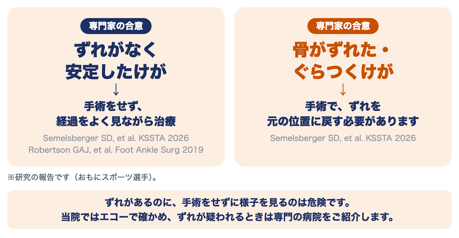 リスフラン関節損傷の専門家の合意：ずれがなく安定したけがは手術をせず経過を見ながら治療、骨がずれた・ぐらつくけがは手術でずれを戻す必要がある