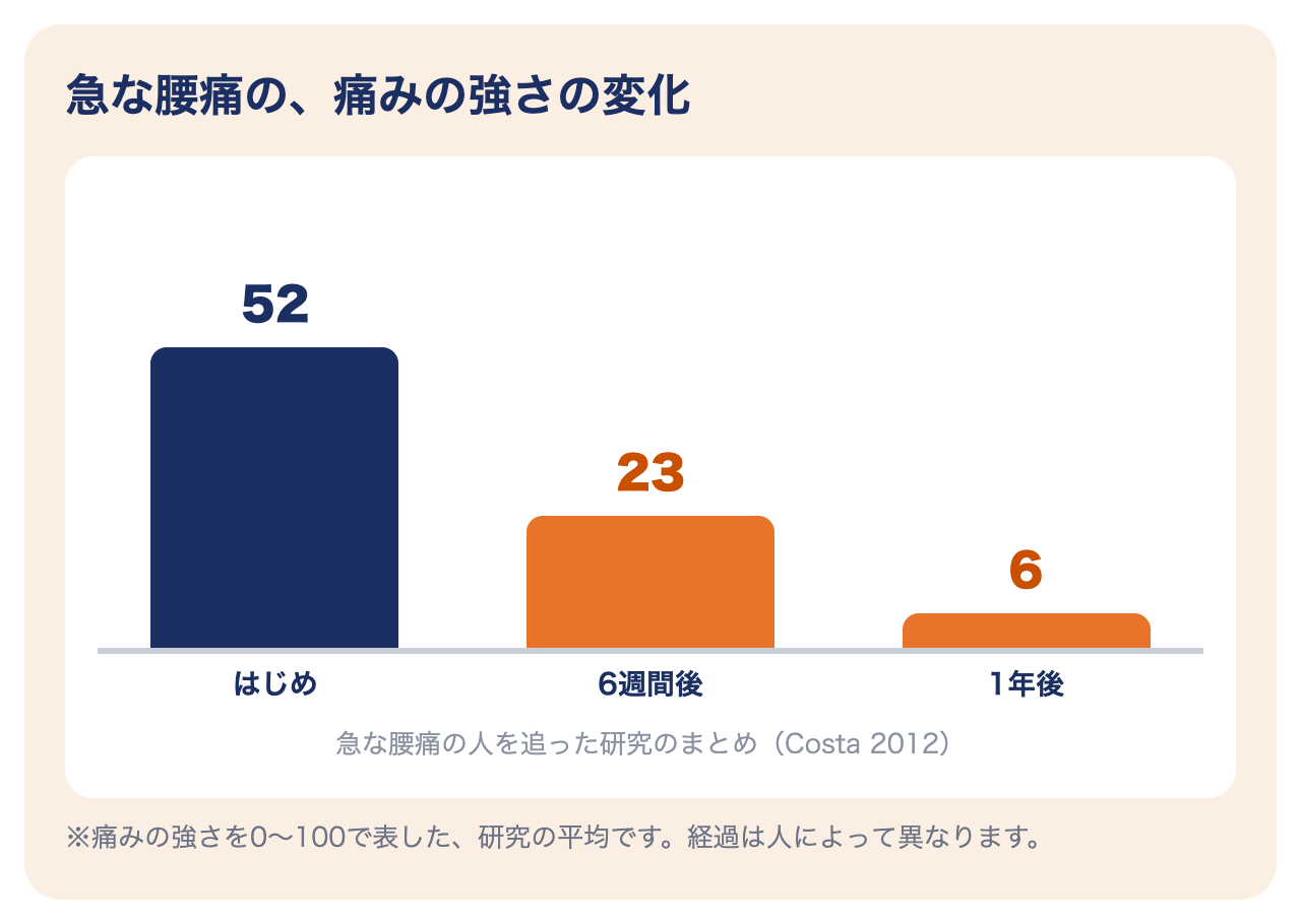 ぎっくり腰（急な腰痛）の痛みの強さの変化：はじめ52、6週間後23、1年後6（Costa 2012）
