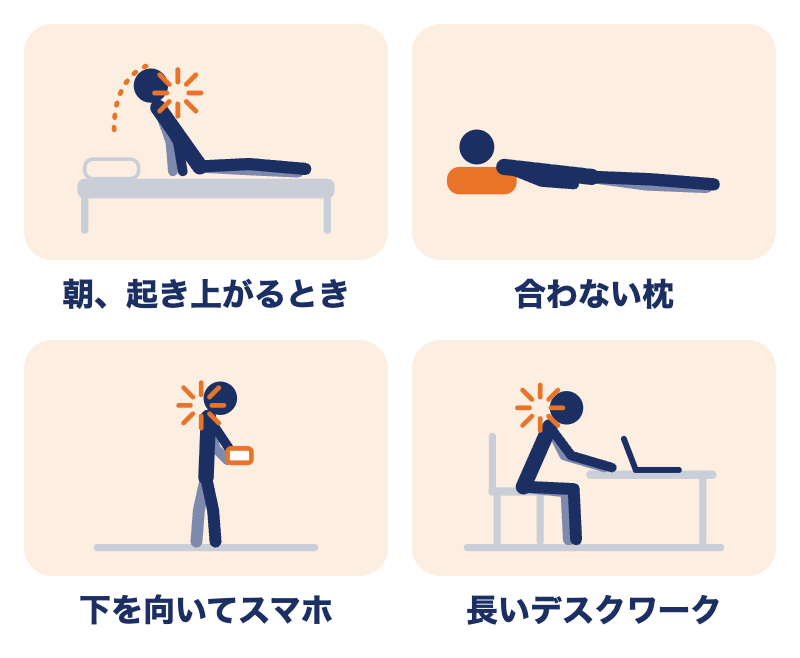 寝違えが起こりやすいきっかけ：朝起き上がるとき、合わない枕、下を向いてスマホ、長いデスクワーク