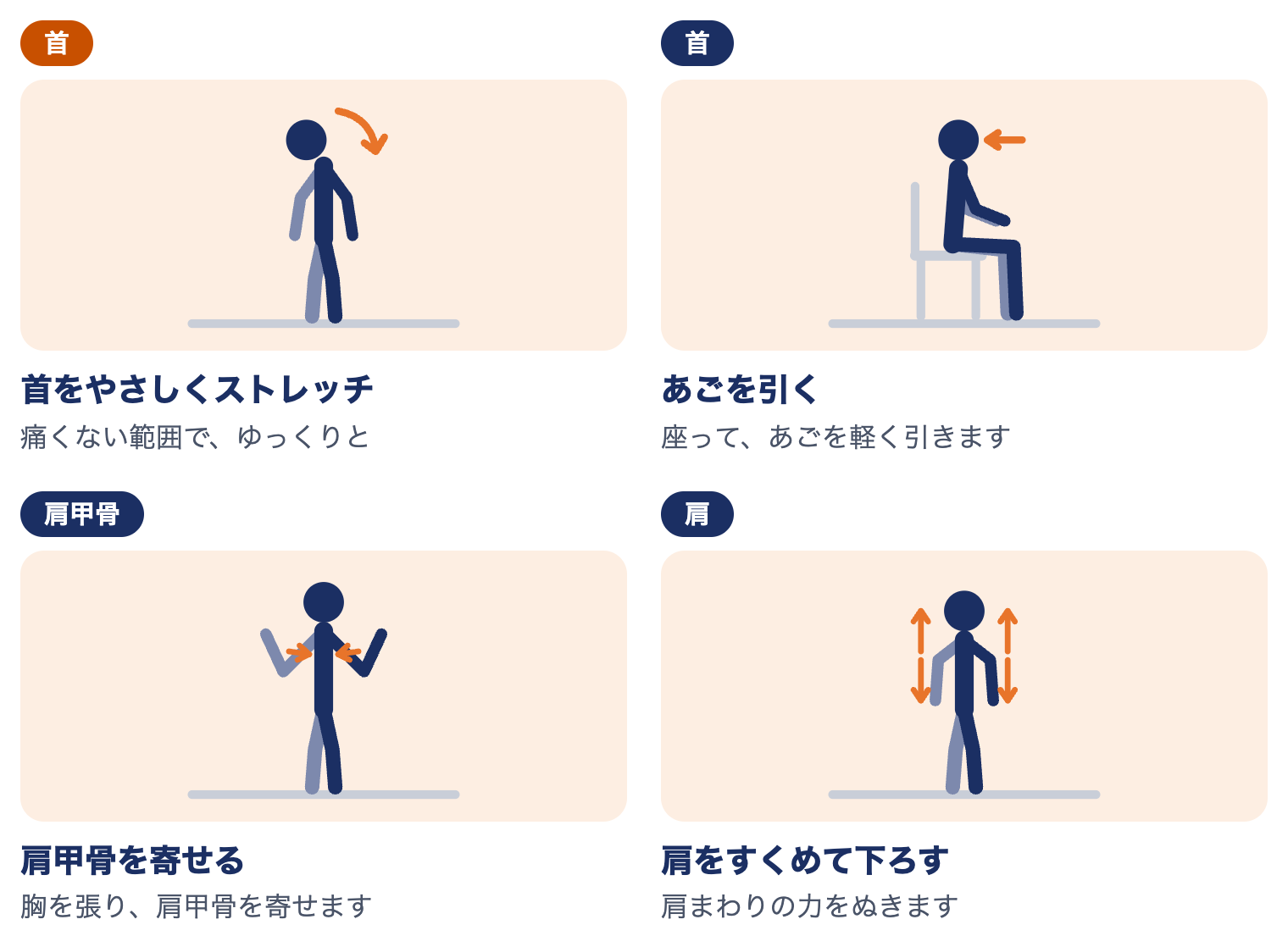 むち打ちの運動療法：首をやさしくストレッチ、あごを引く、肩甲骨を寄せる、肩をすくめて下ろす