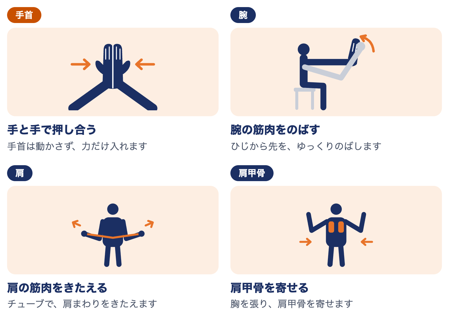 TFCC損傷の運動療法：手と手で押し合う、腕の筋肉をのばす、肩の筋肉をきたえる、肩甲骨を寄せる