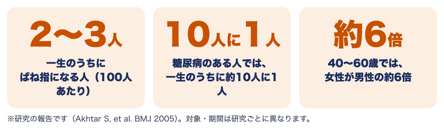 ばね指の研究の数字：一生のうちにばね指になる人は100人あたり2〜3人、糖尿病のある人では約10人に1人、40〜60歳では女性が男性の約6倍