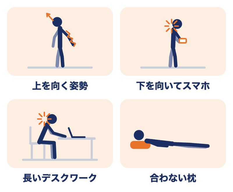 頚椎ヘルニアで痛みやしびれが強くなりやすい姿勢：上を向く、下を向いてスマホ、長いデスクワーク、合わない枕