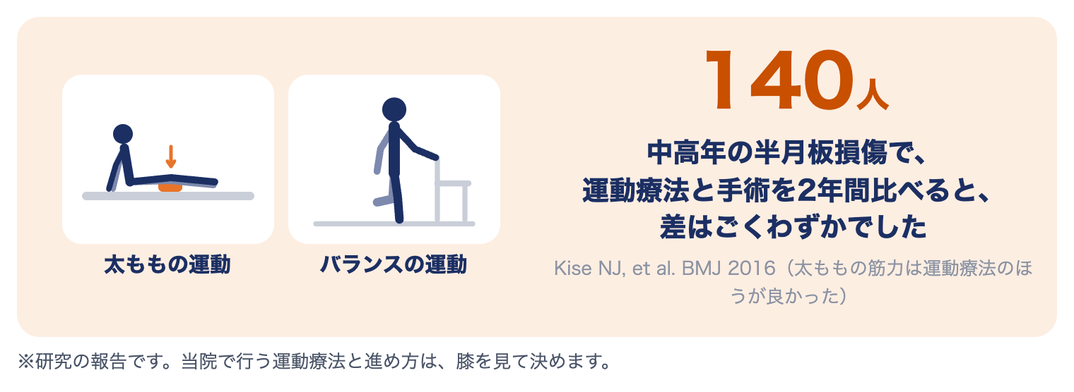 中高年の半月板損傷140人で運動療法と手術を2年間比べた研究：差はごくわずかで、太ももの筋力は運動療法のほうが良かった（研究の報告）