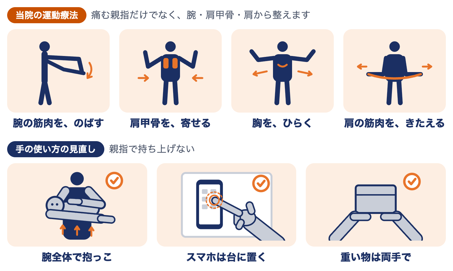 ドケルバン病の運動療法（腕のストレッチ・肩甲骨・胸・肩の運動）と手の使い方の見直し（腕全体で抱っこ・スマホは台に置く・重い物は両手で）