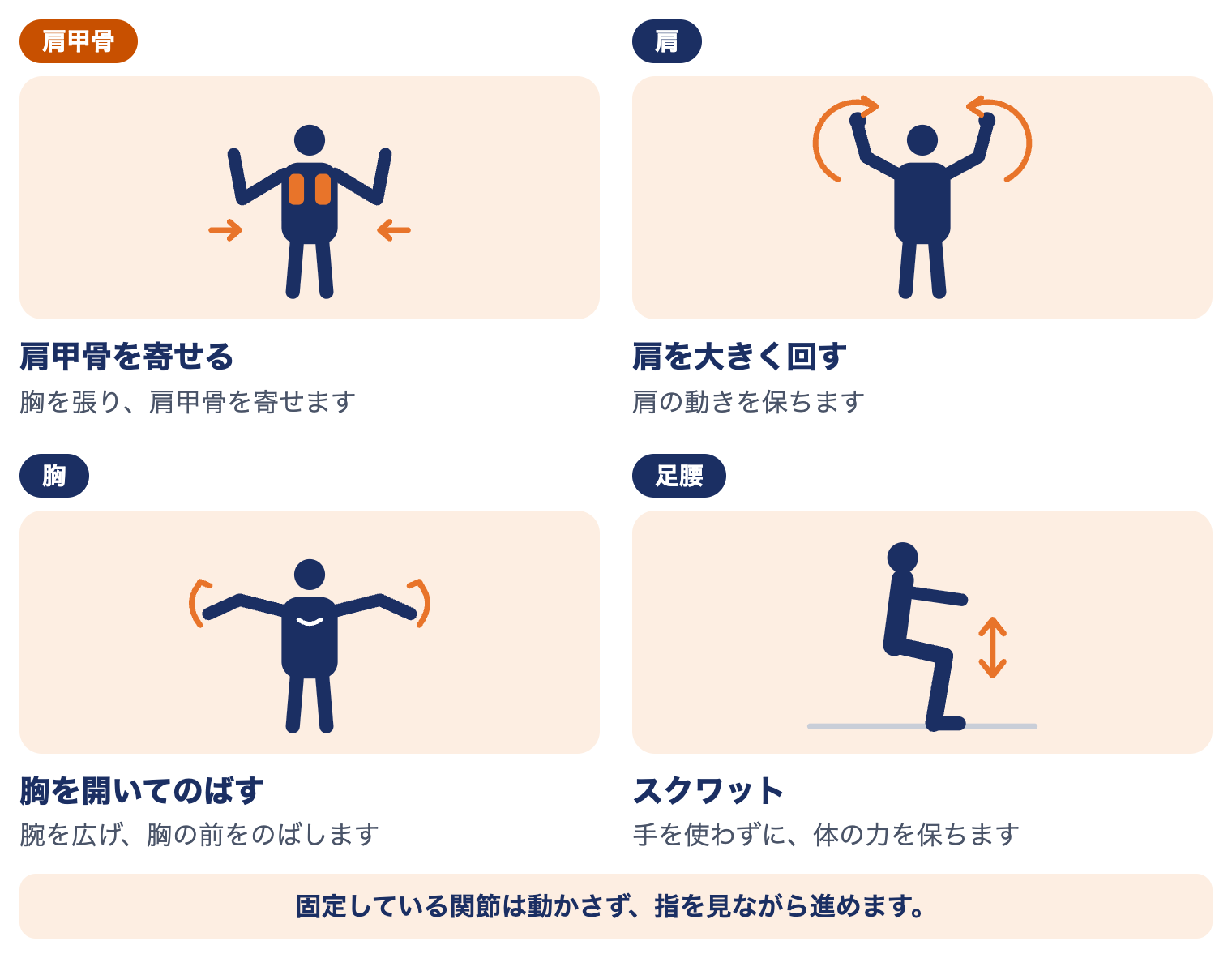 突き指の運動療法：肩甲骨を寄せる、肩を大きく回す、胸を開いてのばす、スクワット（固定している関節は動かさない）